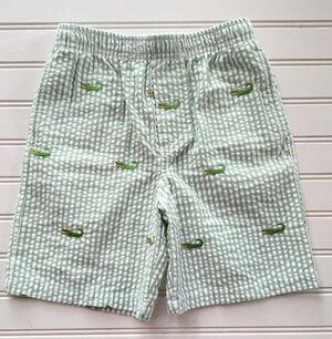 Kelly's Kids Green Seersucker Striped Shorts with Alligator Embroidery